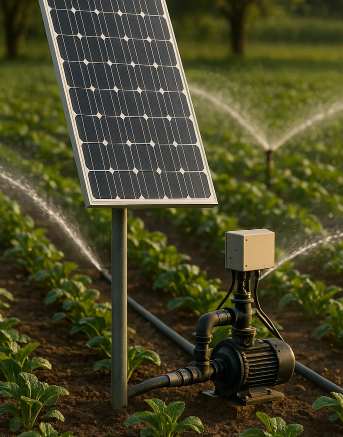 Solar-powered irrigation system in a green field